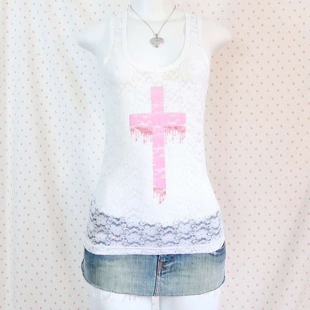y2k white lace pink cross tank top